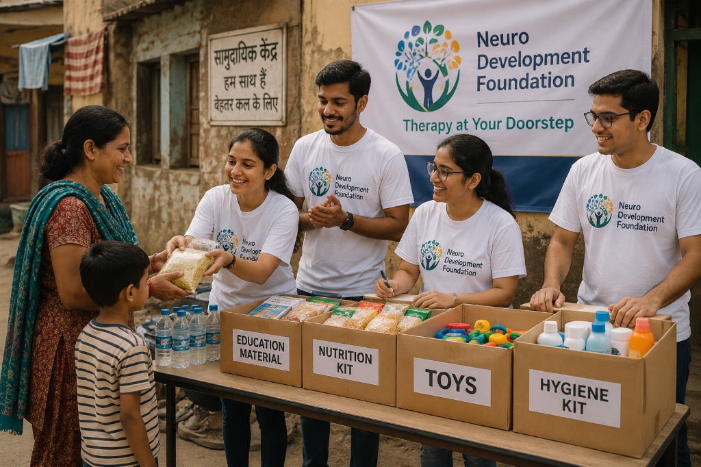 Neuro Development Foundation field team and volunteers distributing learning kits, sensory tools, and nutrition support at a community outreach center in North India.
