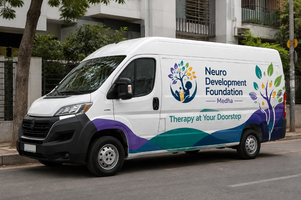 Neuro Development Foundation mobile therapy clinic van delivering doorstep pediatric therapy in community outreach in rural Uttarakhand.