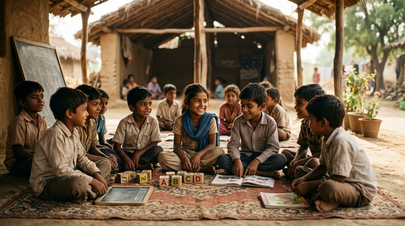 Indian village children in learning and developmental session